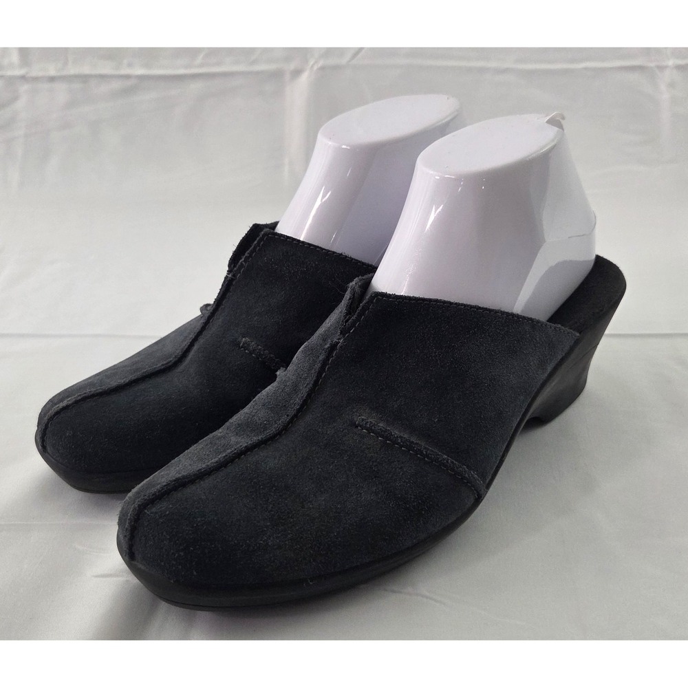 Clarks Mule Shoes Womens 8.5 M Blue Suede Block Heel 90s Minimalism Lagenlook